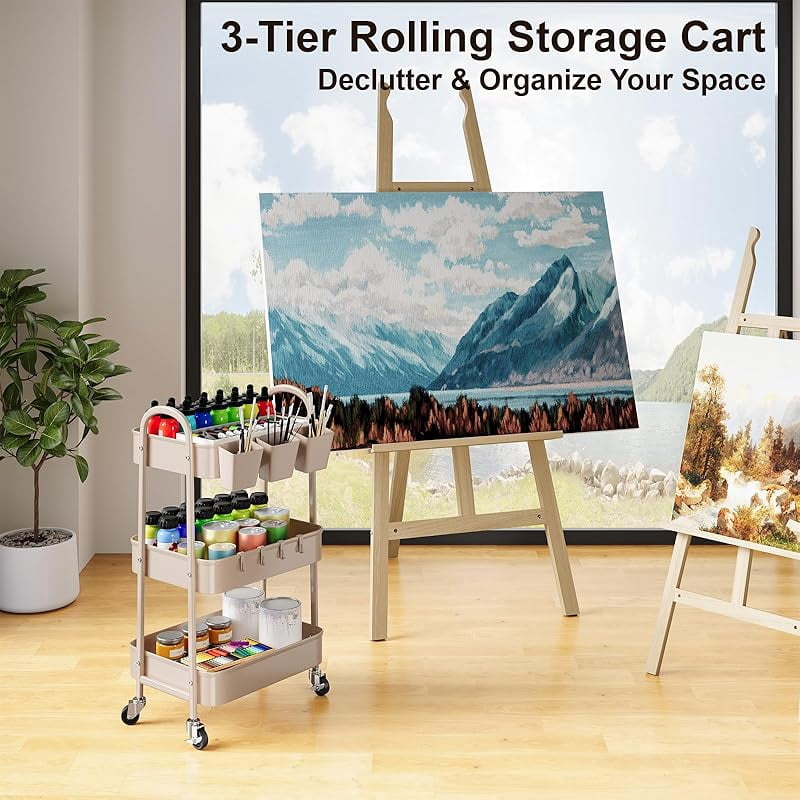 3 Tier Green Metal Rolling Cart with Lockable Wheels and Handle, 3 Tiered Utility Storage Organizer Carts for Teachers, Arts, Craft, Snack, Book, Bedside, Nursery, Cleaning Supplies, Easy Assembly