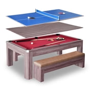 Hathaway Newport 7 Foot Dining Pool Table Combo with Game Accessories, & 2 Benches – Multifunctional Billiards Table with Ping Pong & Dining Top – Light Oak Finish, Chrome Accents, Red Felt