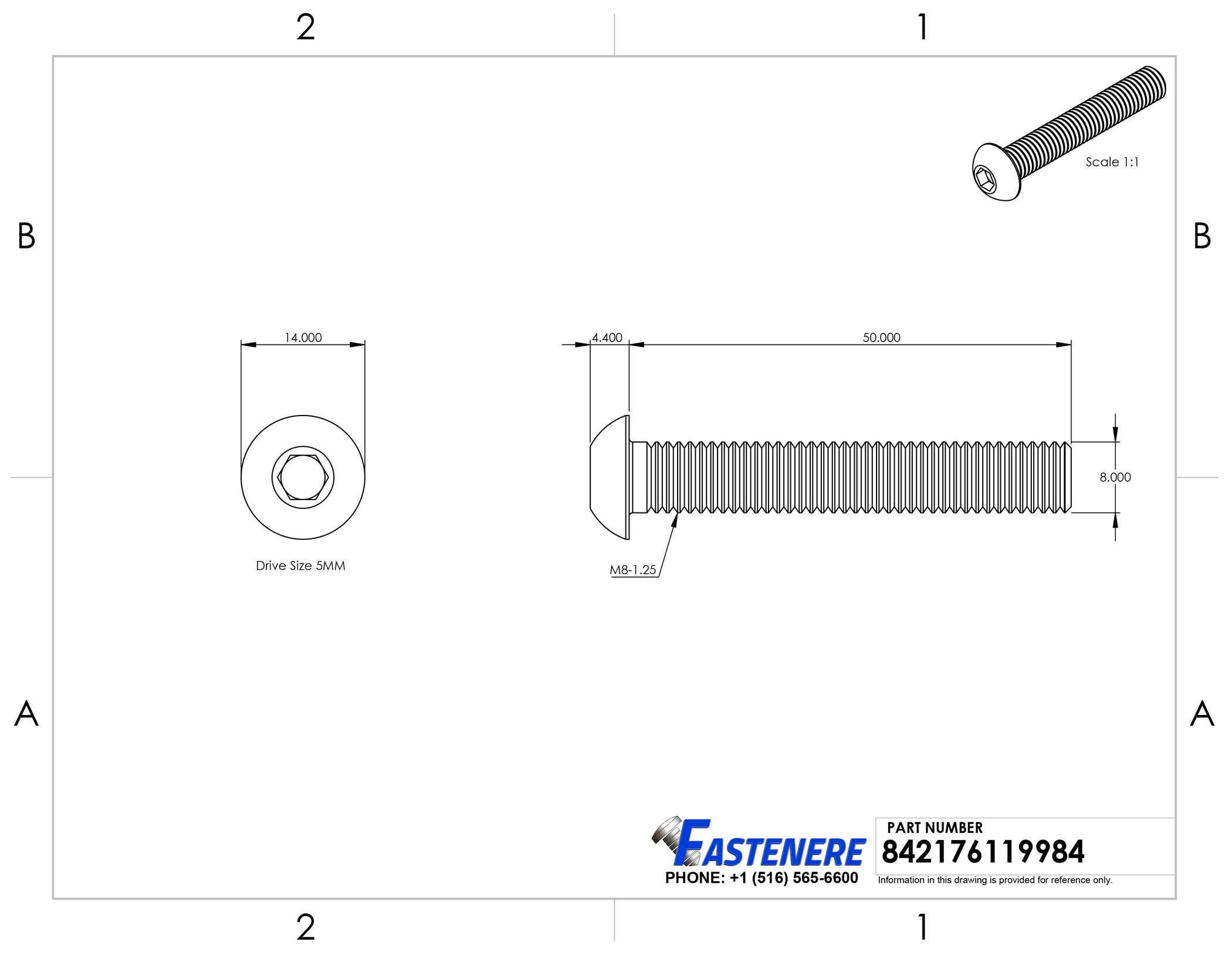 Fastenere Button Head Socket Cap Screws - M8-1.25 x 50MM (50-pack) Stainless Steel 18-8, Full Thread, Plain Finish, Flat Point, ISO 7380 Metric Screw Set, Easy to Install w/ Allen Hex Socket Drive