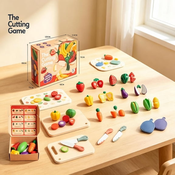 Pretend Play Food Cutting Set for Kids Kitchen, Fruits & Vegetables Cutting Game with Toy Knives Cutting Boards, Educational Pretend Cooking Toy Gift for Toddlers Boys Girls Age 3