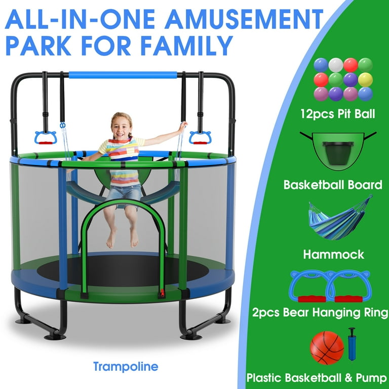 Kumix Trampolines for Kids 60'', Mini Trampoline for Toddlers with Enclosure, Swings, Basketball Hoop, Adjustable Bars and Rings, 400LBS No-Gap Kumix Trampolines for Kids 60'', Mini Trampoline for Toddlers with Enclosure, Swings, Basketball Hoop, Adjustable Bars and Rings, 400LBS No-Gap