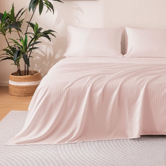 Sonive Striped Satin Jacquard Sheet Set Queen Size Rose Pink, 4 Pcs Luxury Silky Bedding Set with Deep Pocket for Mattress