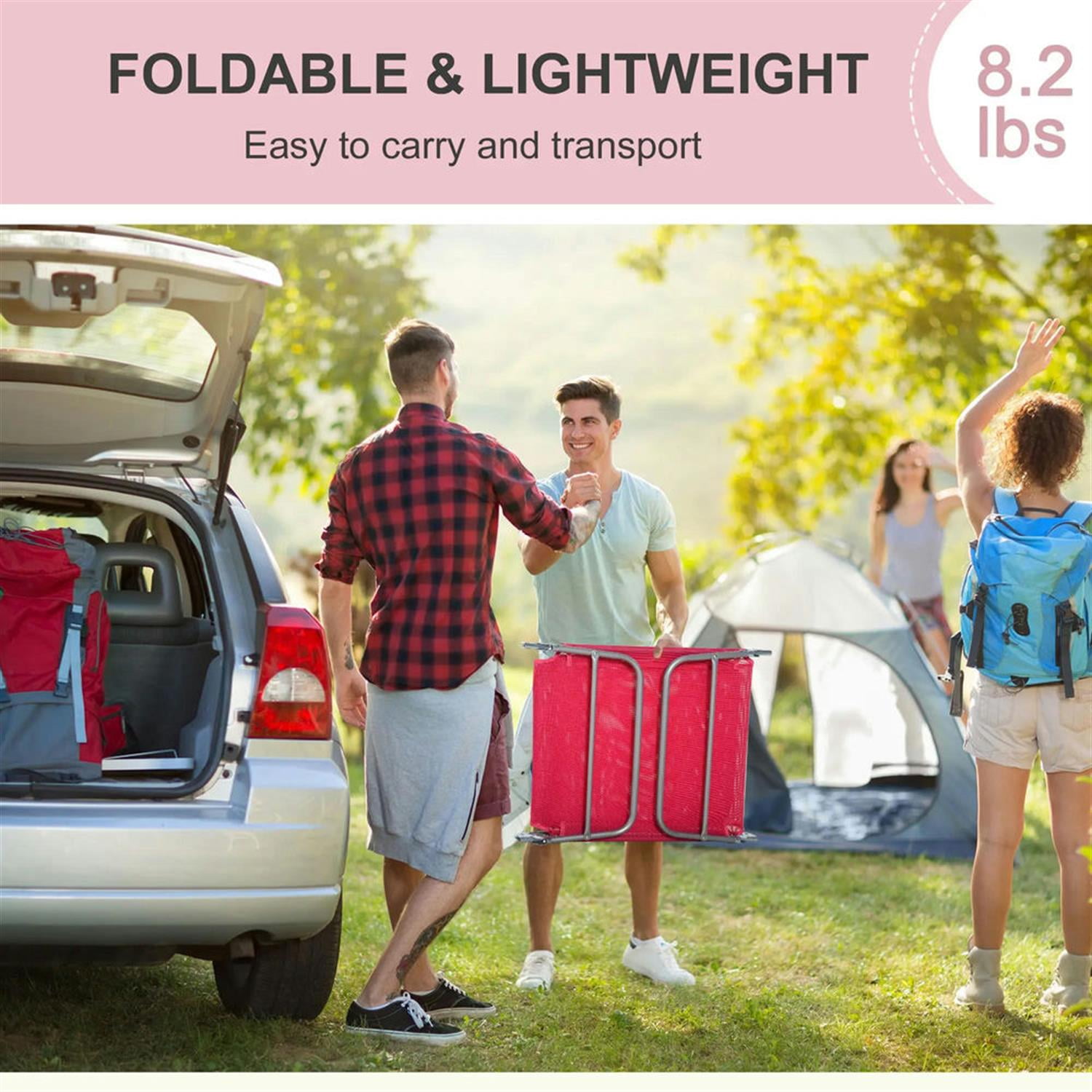 Demi Bonn Outdoor Folding Chaise Lounge with Reclining Back, Breathable Mesh Seat for Beach and Yard, Patio, Pink