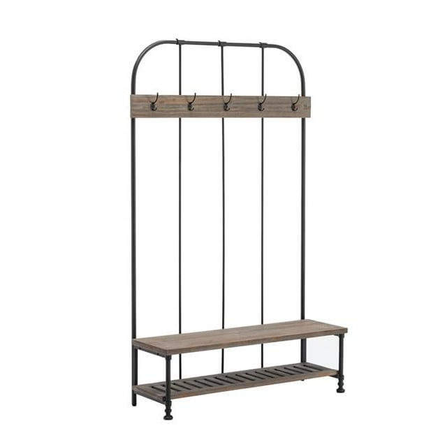 Benzara BM240825 Wood & Metal Industrial Hall Tree with Bench, Brown