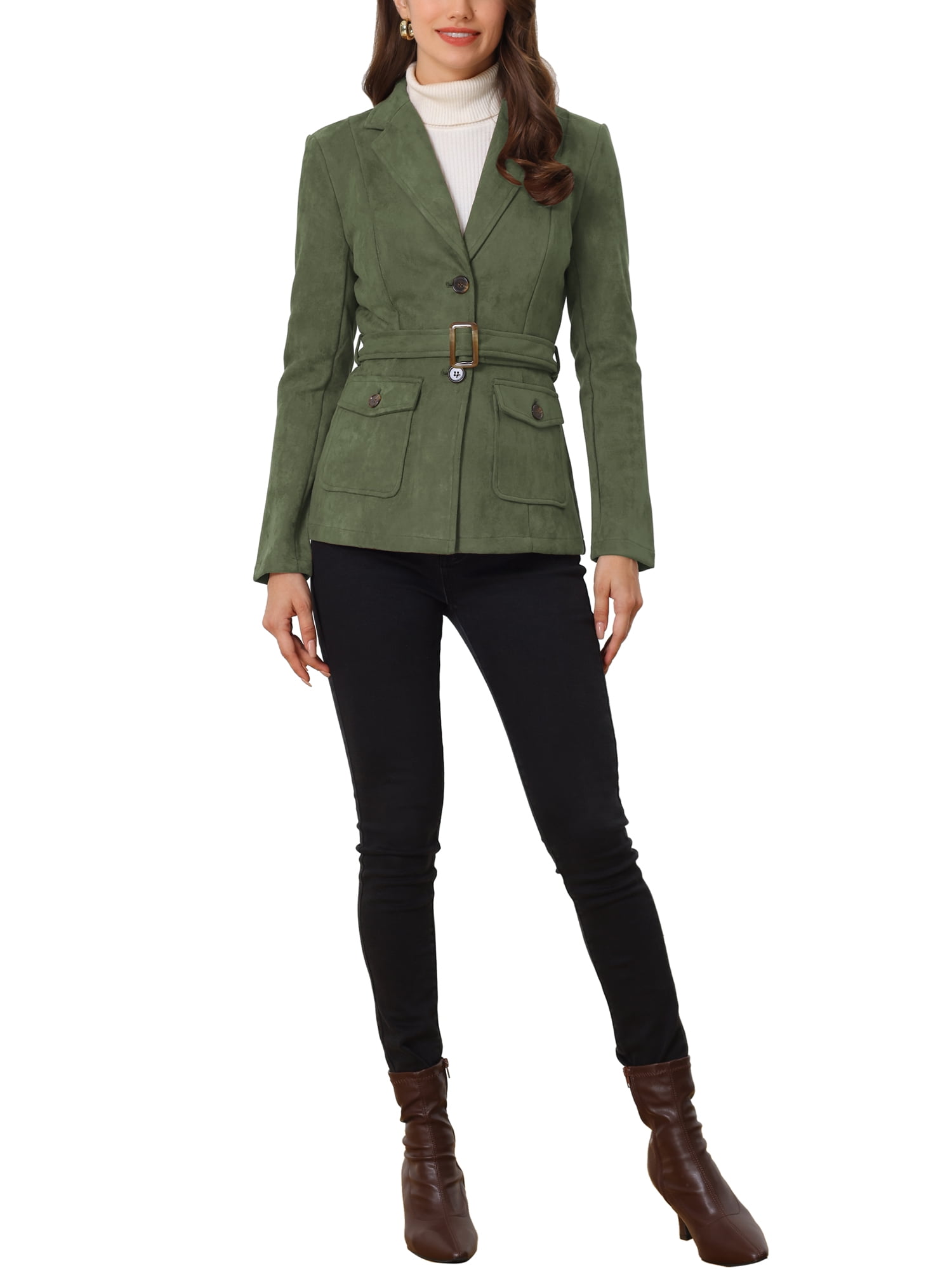 Unique Bargains Women's Faux Suede Belted Long Sleeve Single Breasted Blazer L Army Green