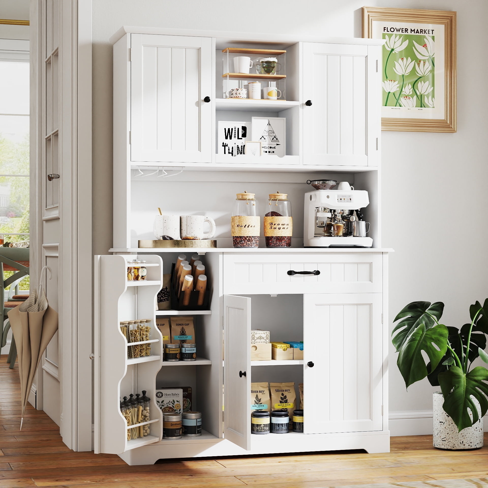 Lofka 67" Tall Pantry Cabinet for Kitchen Storage - 15 Shelves, 5 Doors, Microwave Shelf & Drawer, Freestanding Organizer Can Be Used as Coffee Bar Cabinet