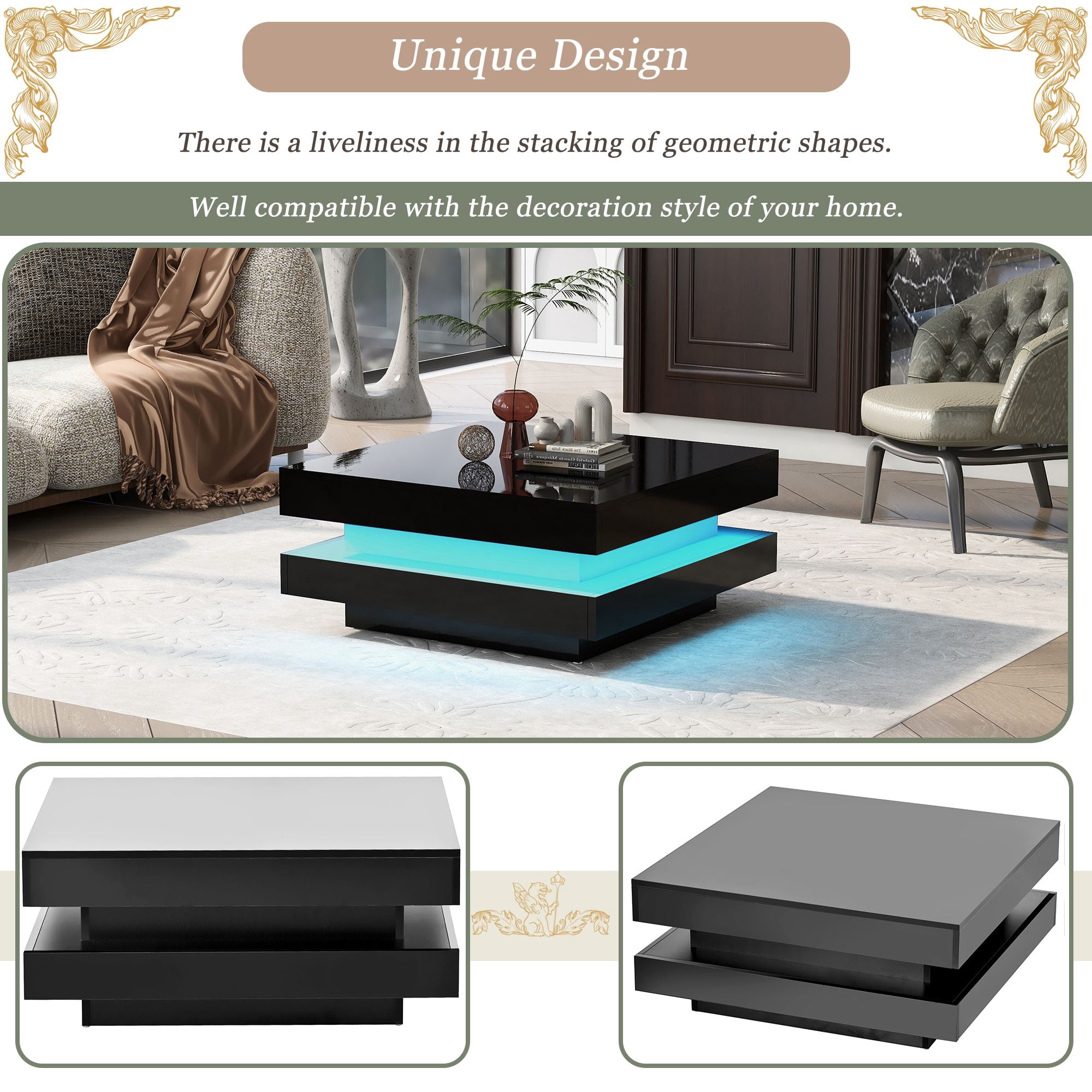 Aukfa Coffee Table with Plug-in 16-Color LED Lights for Living Room - Black