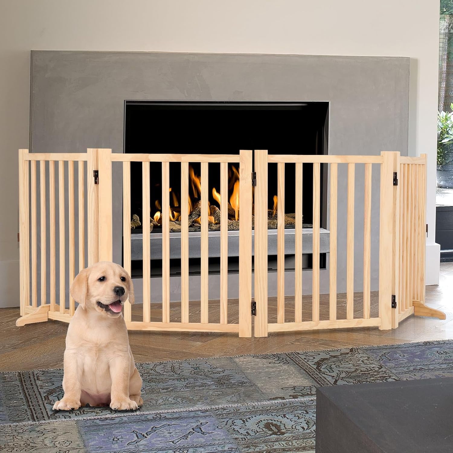Roromall Wooden Freestanding Dog Gate, Foldable Pet Gate with Support Feet, Indoor Dog Fence for House, Doorways, Stairs, Expandable Pet Fence -4 Panel, 24"H