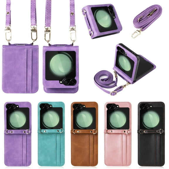 for Z Flip 5 Case Wallet with Card Holder for Women Samsung Galaxy Z Flip 5 Case with Detachable Crossbody Lanyard PU Leather Shockproof Protective Cover for Samsung Z Flip 5 Case,Purple