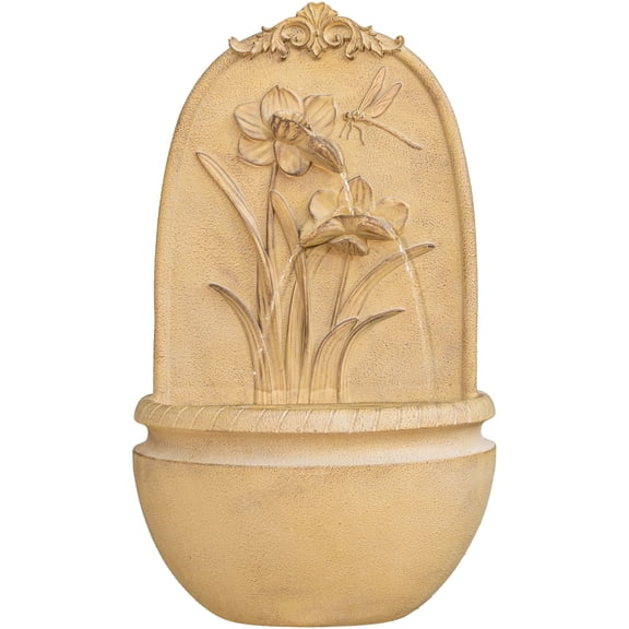 31" in H Outdoor Wall Water Fountain with Pump- Khaki Flower with Dragonfly Design with Mesh guard