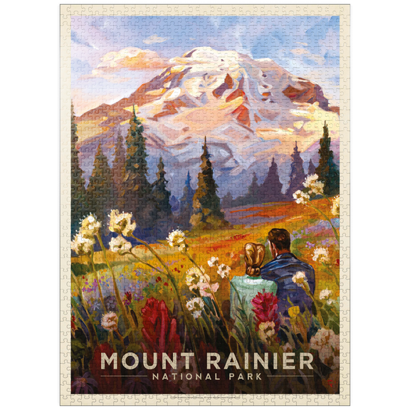 MyPuzzle - Mount Rainier National Park: Moment In The Meadow, Vintage Poster - Premium 1000 Piece Jigsaw Puzzle for Adults