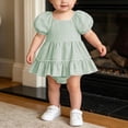 thumbnail image 5 of Fesfesfes Baby Toddler Girls Plaid Puff Sleeve Romper Dress with Bow Headband, Cute Summer Short Sleeve Onesie Bodysuit Outfit for Daily Wear Kids 0-18 Months Old., 5 of 9