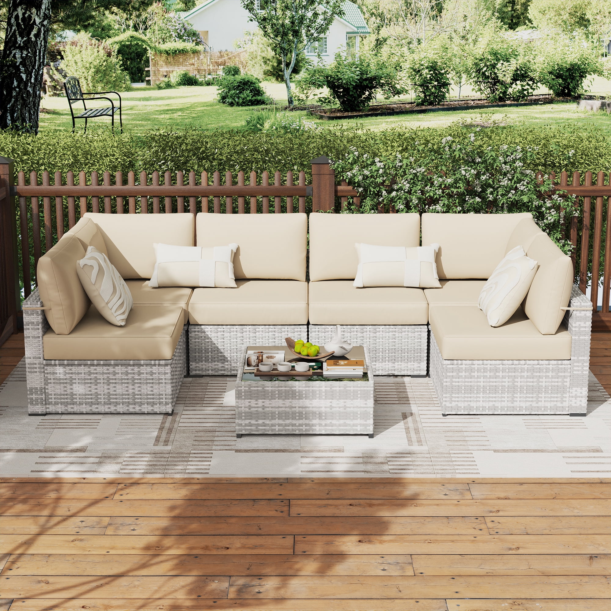 KIGOTY 7 Piece Outdoor Patio Furniture, Wicker Rattan Outdoor Conversation Set Sectional Sofas for Backyard, Garden, Grayish-White Beige