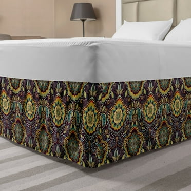 Jacobean Bed Skirt, Abstract Botanical Ornament Composition Motifs and Patterns, Elastic Bedskirt Dust Ruffle Wrap Around for Bedding Decor, 4 Sizes, Charcoal Grey Multicolor, by Ambesonne