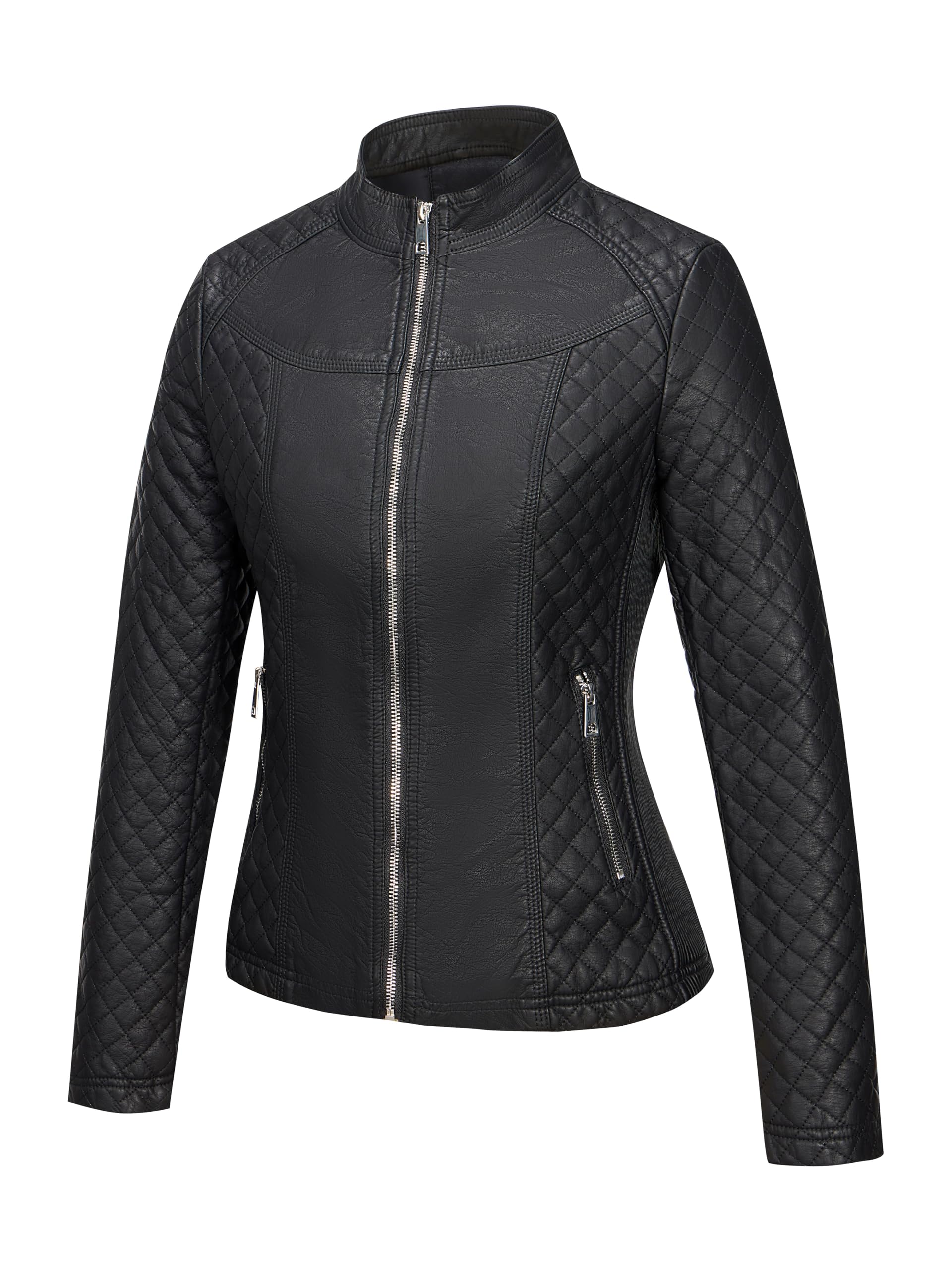 Giolshon Women Plus Size Faux Leather Jacket Long Sleeve Moto Biker Coat