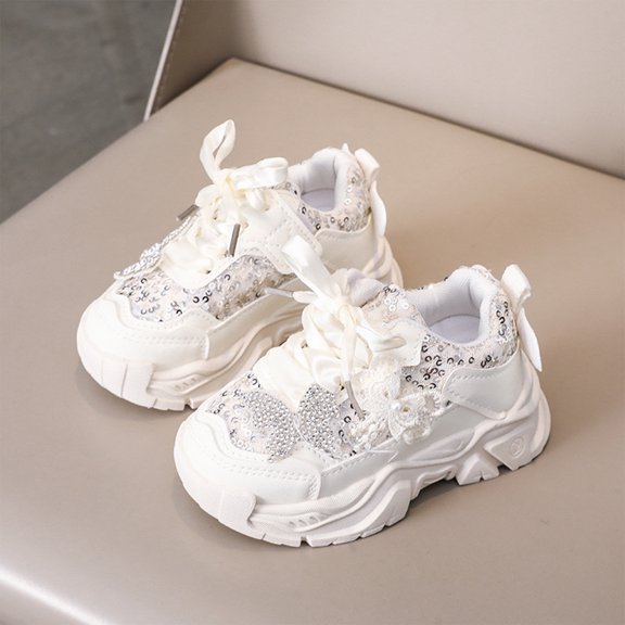 Willtoo Girls Bow Platform Sneaker Sequin Lace Up Lightweight Daily Footwear Non-Slip Cushioned Kids Casual Footwear for Daily Wear