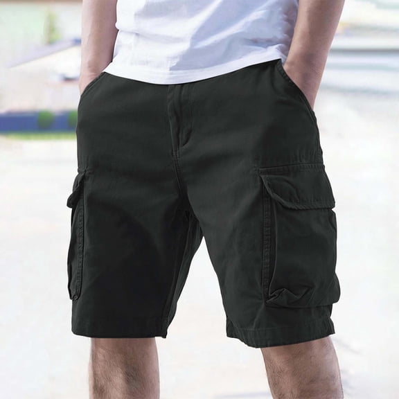 LEKWK Cargo Work Shorts for Men Button Waist Hiking Outdoor Shorts Multi Pockets Straight Leg Knee Length Bermuda Shorts Lightweight Mid Rise Hiking Travel Work Wear Black S