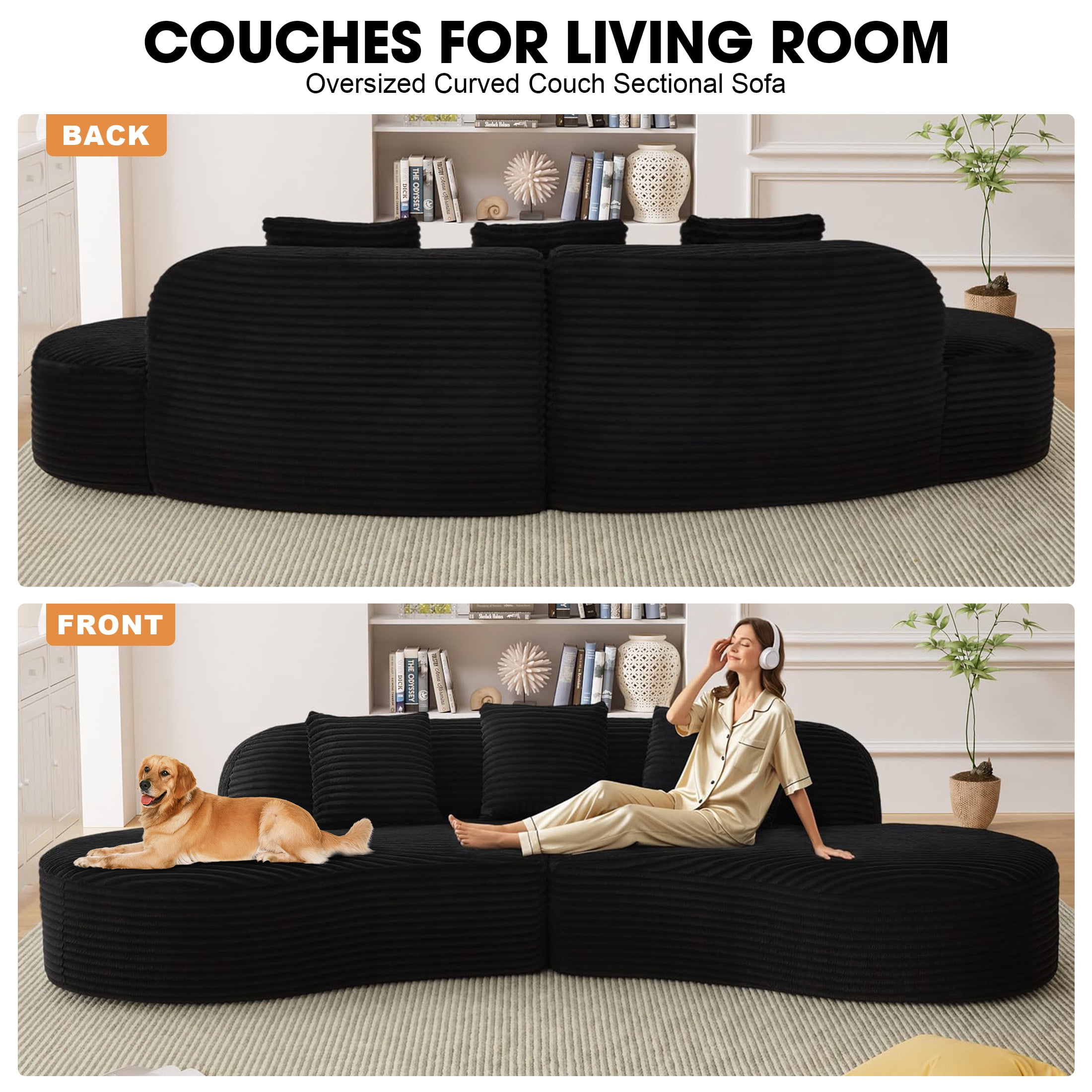Aukfa 123.2" Oversized Cloud Sectional Sofa – Curved Upholstered Living Room Couch with 3 Pillows, No Assembly, Black
