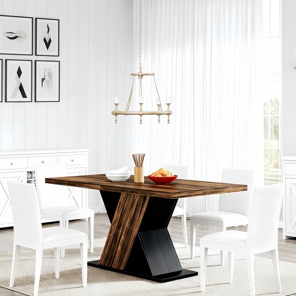 55-Inch Farmhouse Rectangle Dining Table For 4, Rustic Brown Wooden Dinner Table For Small Spaces, Kitchen & Dining Room