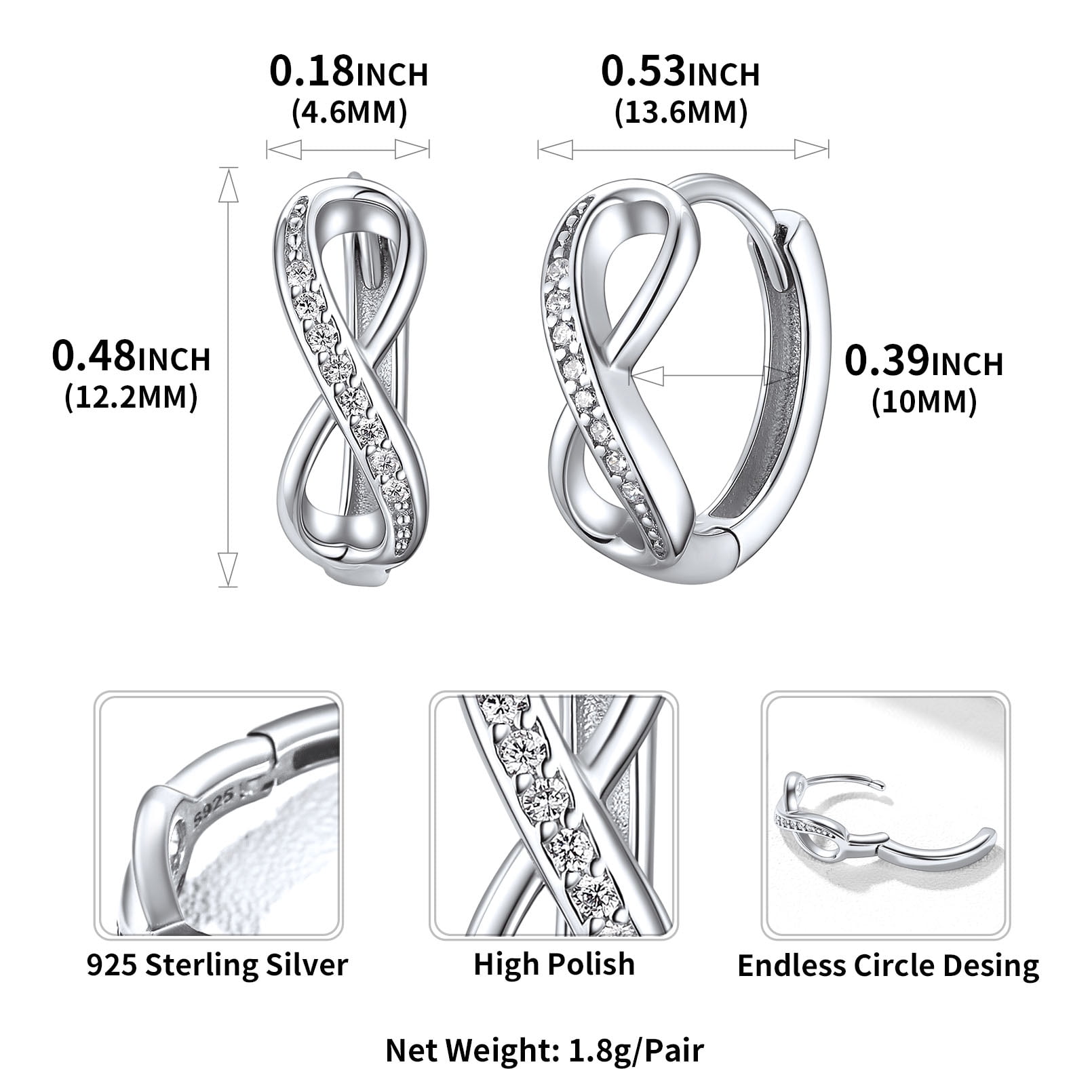 ChicSilver Infinity Small Hoop Earrings 925 Sterling Silver CZ Huggie Earrings for Women Hypoallergenic Christmas Gift Jewelry for Her