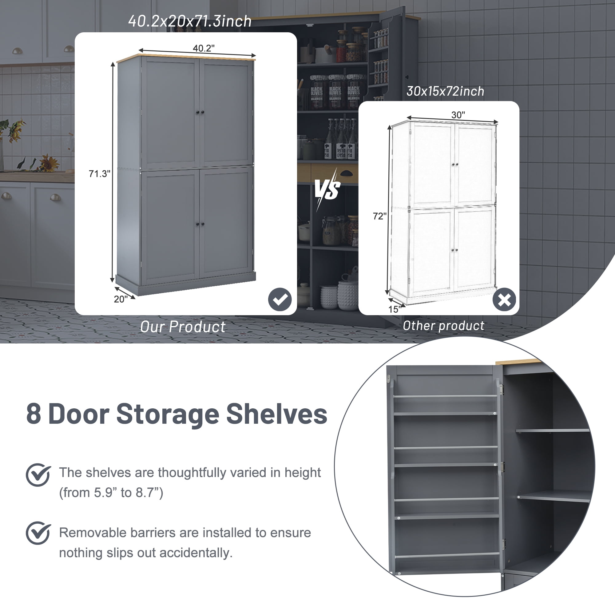 MAYEERTY 40.2" Farmhouse Freestanding Kitchen Pantry Cabinet – Large Storage Cupboard with Adjustable Shelves, Drawers & Door Shelves
