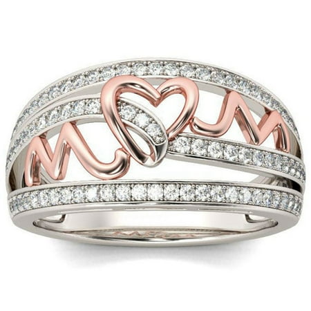 AkoaDa Love Mom 925 Sterling Silver Ring Double Color 14K Rose Gold Mother Figure Diamond Jewelry Family Birthday Moms Party Ring The Best Gift For Mom Christmas thanksgiving Gift Size 5 - 11