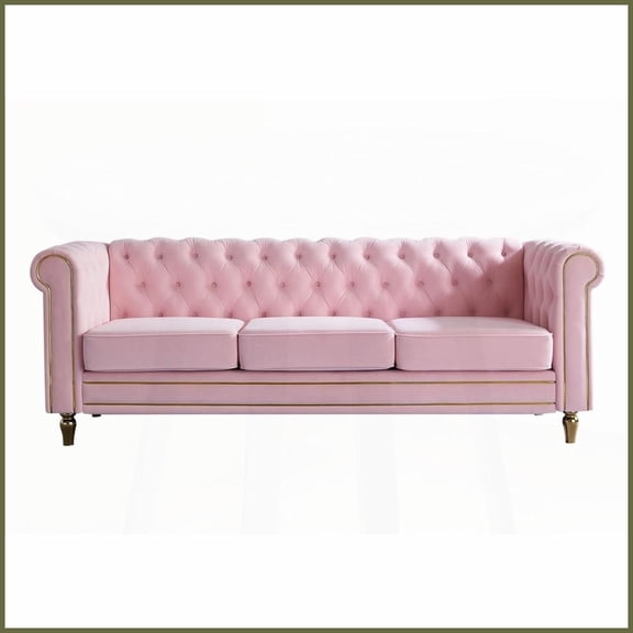 Pink Velvet Chesterfield Sofa 84.65 Inch – Luxe Living Room Sofa with Gold Trim & Deep Tufting