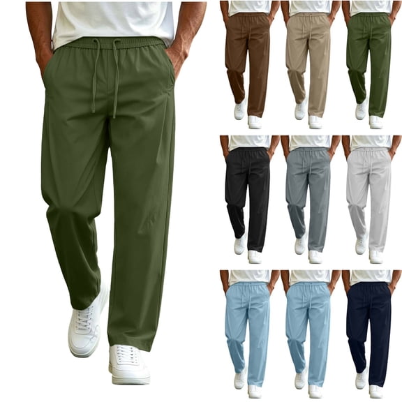 Straight Leg Drawstring Pants for Men Fashion Comfy Solid Color Loose Elastic Waist Pants with Pockets Outfit Travel