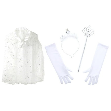 Pretend Play Dress Up Mozlly White Princess Twinkle Star Costume Cape and Mozlly White Royal Princess Marabou Tiara Wand and Gloves Set (4pc Set)
