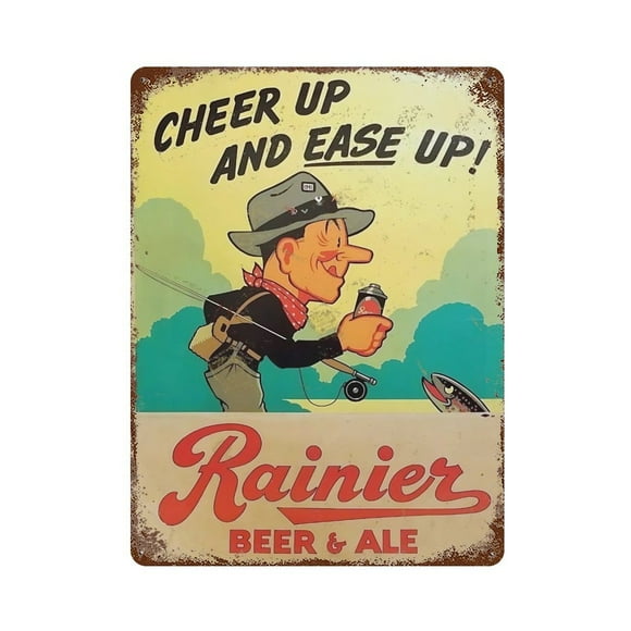 8x12 Inch Fashionable Rainier Beer Ale Fishing Mancave Garage Shop Tin Metal Decorative Wall Paintings - Vintage Artwork for Home Decor