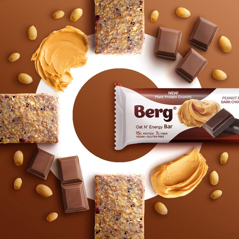 Berg Oat N' Energy Bar | Plant Based Protein Bar | Non-GMO, Gluten Free, Nut Free and Vegan | Low Sugar, Healthy Snack Bar | High Fiber | On The Go | 2.5oz, Pack of 8 (Peanut Butter & Dark Chocolate)