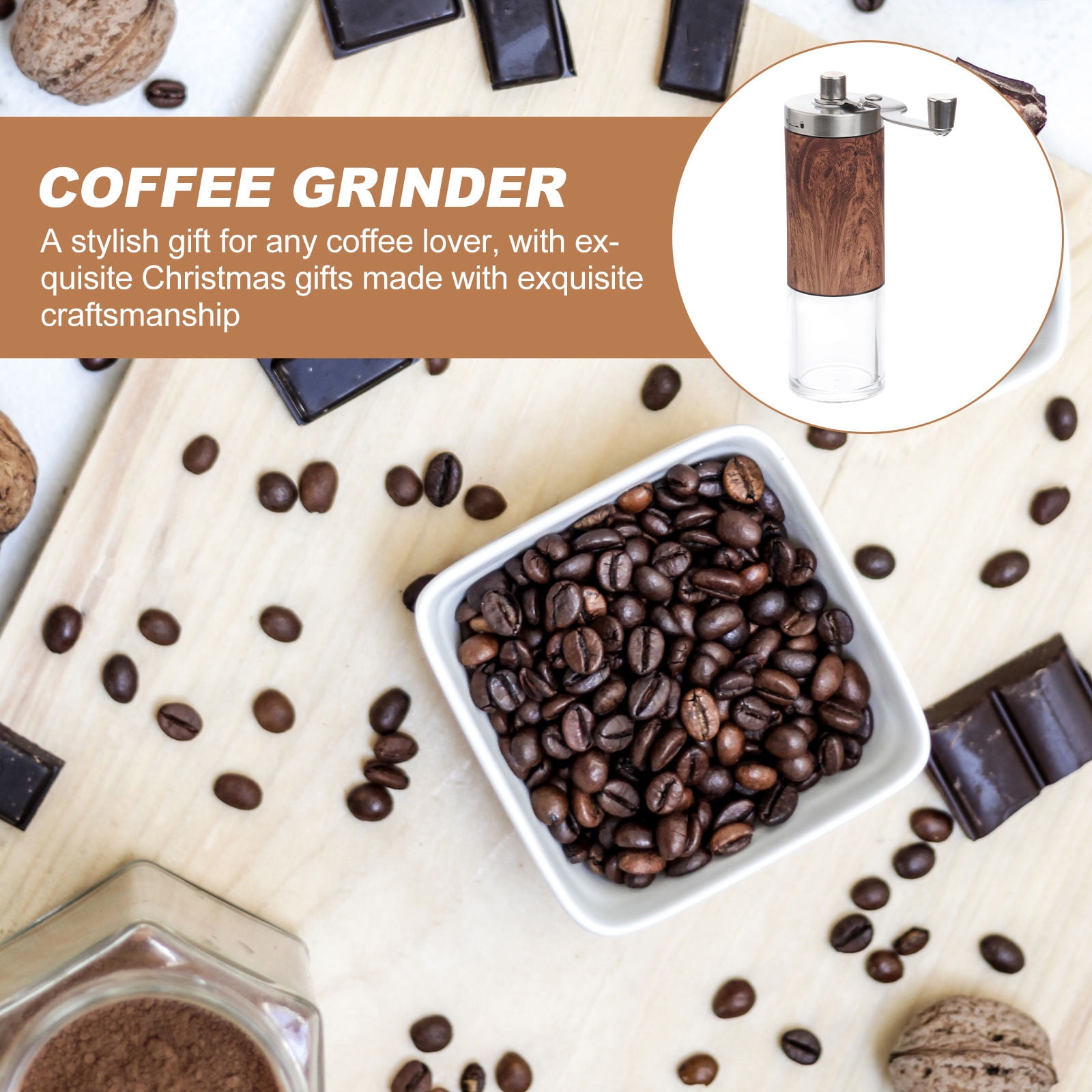 ULTNICE Portable Coffee Bean Grinder Plated Silver Stainless Steel Wooden Hand Grinding 1Pc