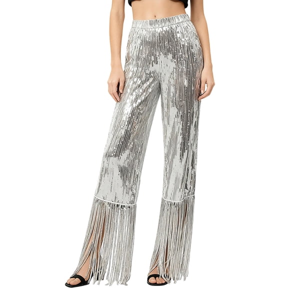 IWRICH Sequin Fringe Pants for Women Latin Jazz Dance Tassel Dance Pants for Stage Party Silver M