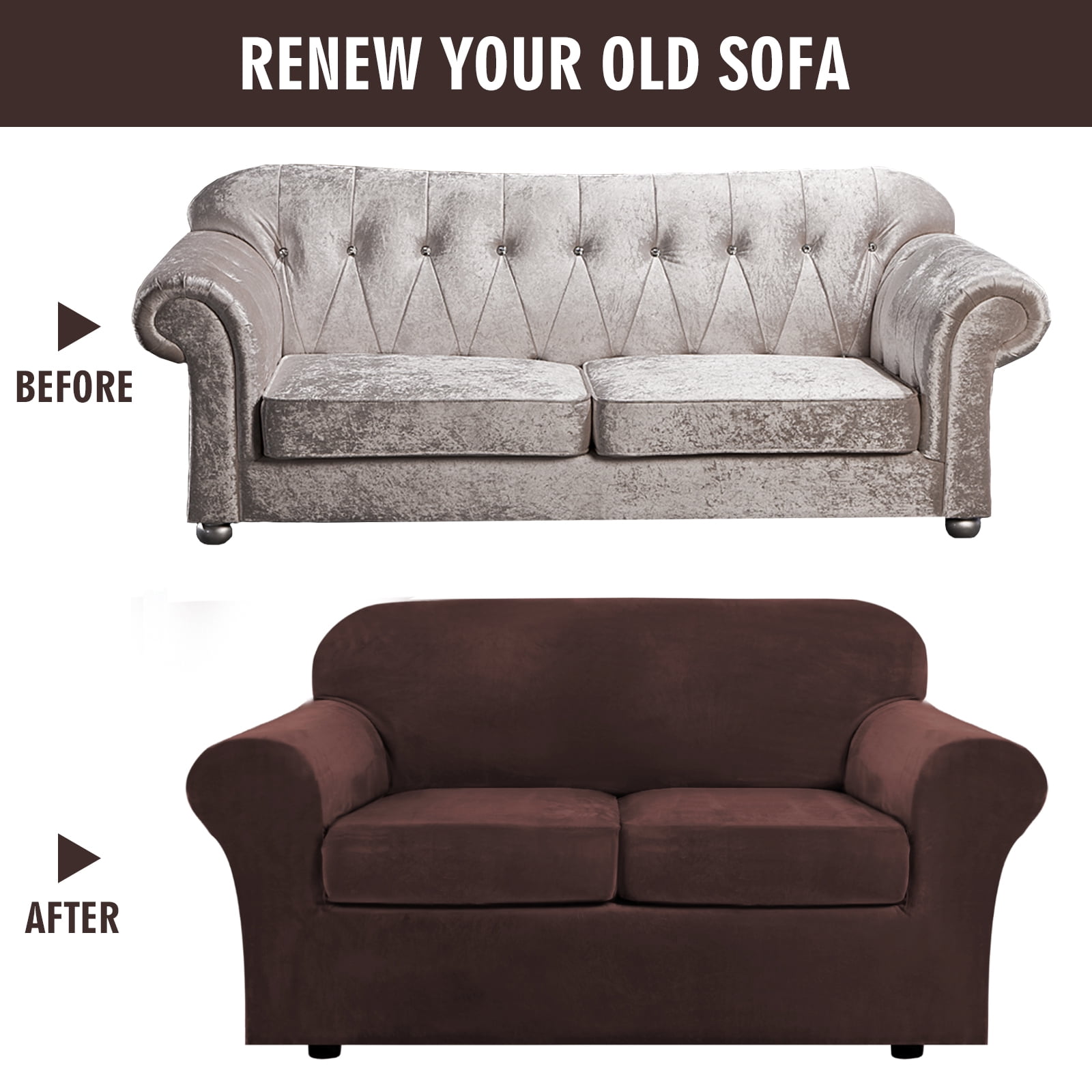 SHANNA Sofa Covers Stretch Velvet Couch Covers with Seperate Seat Cushion Covers, Armchair /Loveseat / Sofa Slipcovers (Dark Brown, Loveseat Cover)