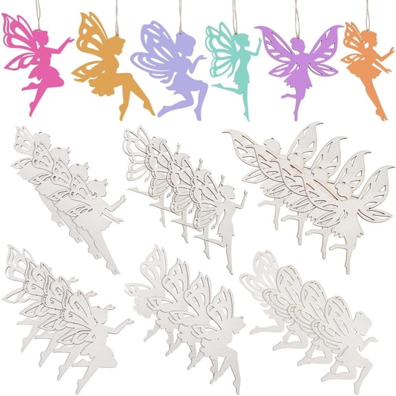 24Pcs 6 Styles Wood Fairy Cutouts Unfinished Wooden Fairy Hanging Ornaments Hollow Fairys Embellishments with String for Home Party Decoration Craft Project colorful