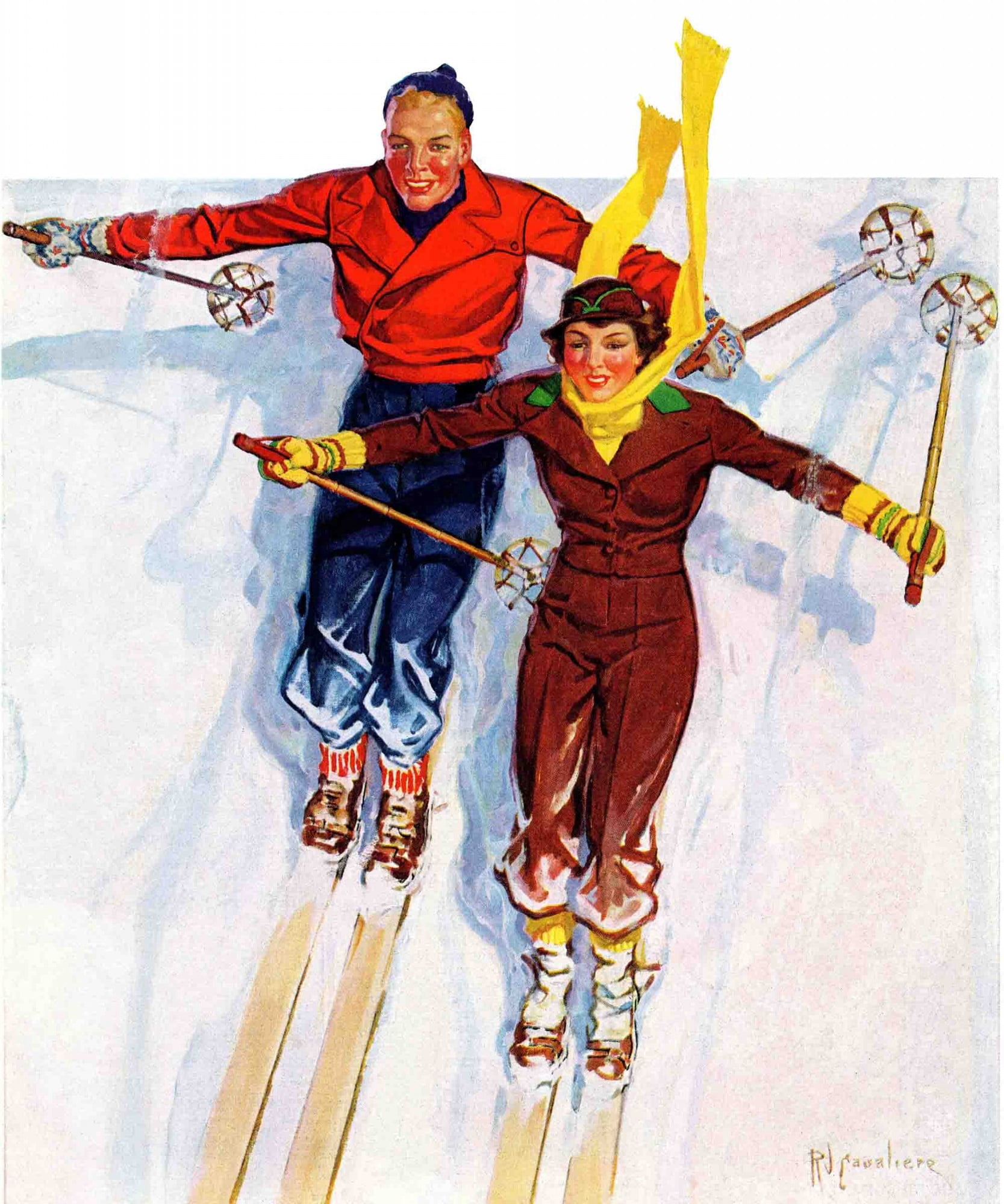 Marmont Hill Couple Downhill Skiing by R.J. Cavaliere Painting Print on Canvas