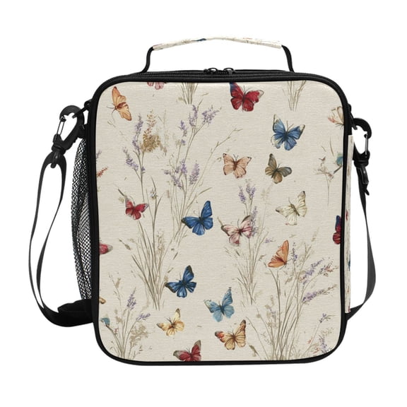 Insulated Square Lunch Bag with Side Mesh Pocket Fashion Lunch Box Reusable Lunch Tote 10.5" x9.5" x3.5" Various Colors and Sizes Butterflies
