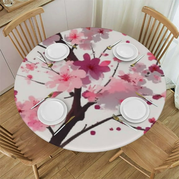 PRATYUS Cherry Blossom Branche Tablecloth Round Vintage Pink Floral Table Cloth Washable Spring Summer Flower Table Cover for Kitchen Dining Holiday Party Picnic Indoor Outdoor Home Decor 31-35