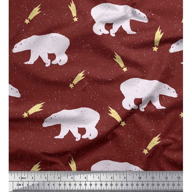Soimoi Brown Poly Georgette Fabric Falling Star & Polar Bear Animal Decor Fabric Printed Yard 52 Inch Wide