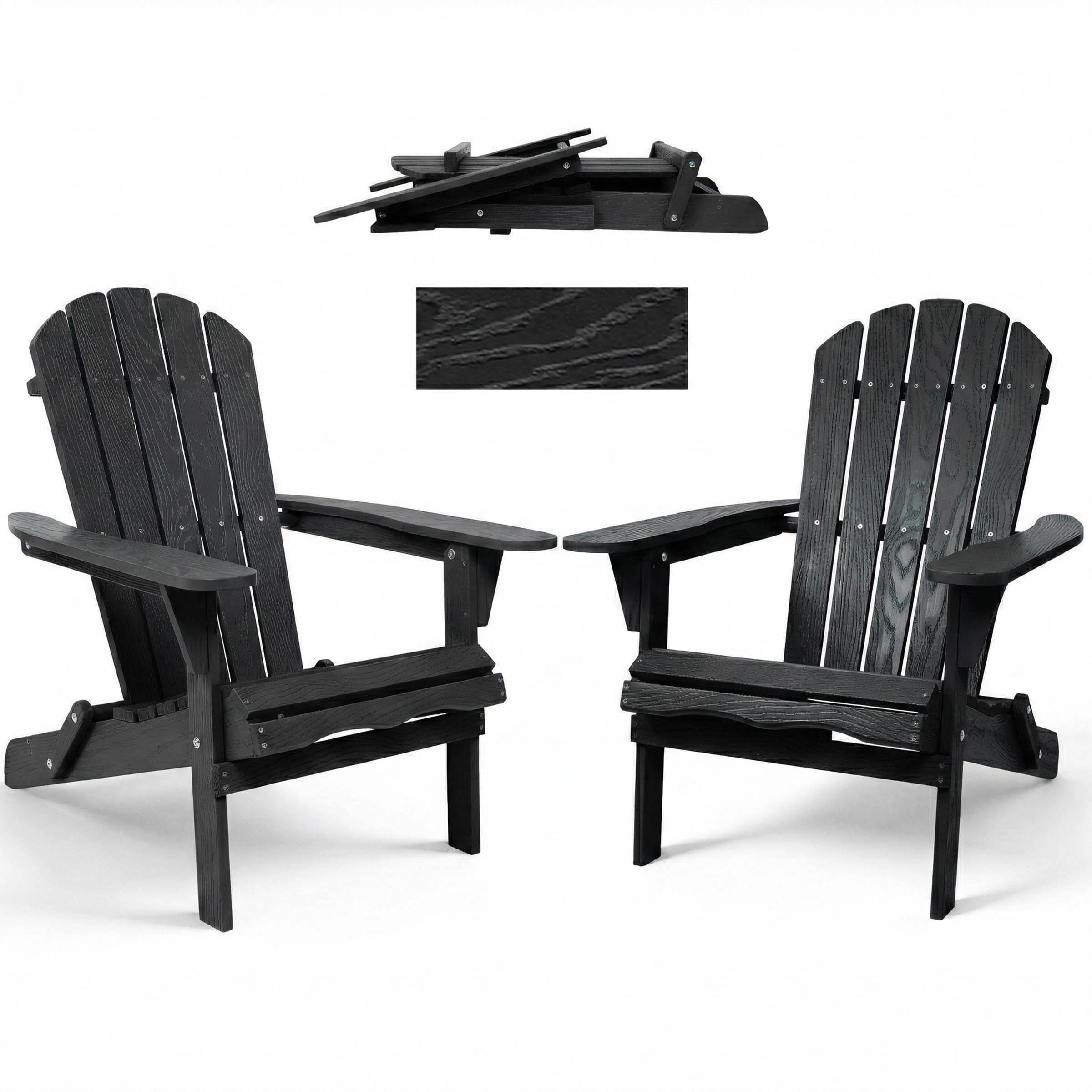 Embossed Cedar Wood Folding Adirondack Chair Set of 2, Outdoor Wooden Lounge Patio Chair with Smooth Finish, Foldable Garden Chair for Lawn Backyard, Black