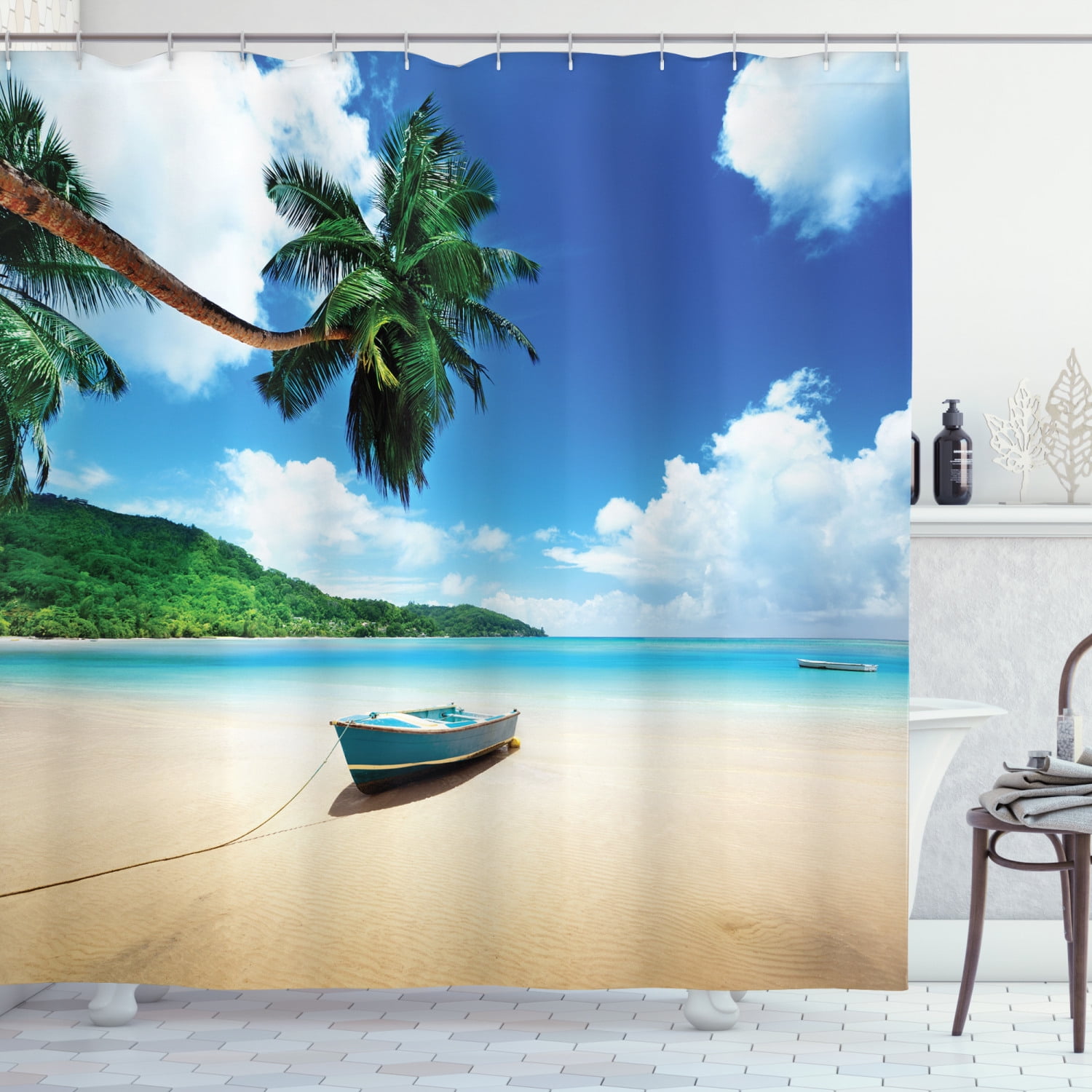 Ambesonne Ocean Shower Curtain, Boat on Beach Mahe Island, 69"Wx75"L