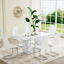 JUFU 7-Piece 63" White Faux Marble Dining Table Set with 6 White Upholstered Chairs for Kitchen or Dining Room