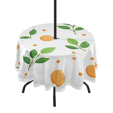 

60 Outdoor Round Tablecloth with Umbrella Hole & White Lace Trim Waterproof Patio Table Cover for Garden Kitchen Dining Peach Fruit and Leafy