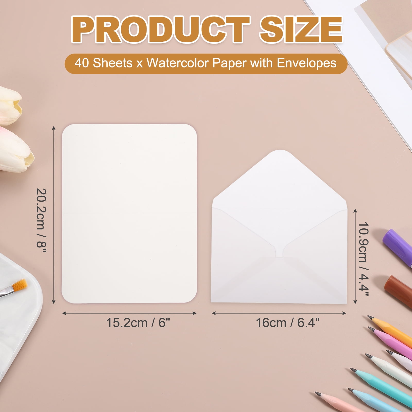 Uxcell 40 Set Watercolor Paper with Envelopes 6 x 8 Inch 140lb/300gsm Artist Painting Drawing Paper Cold Press Water Color Sheet for Sketchbook Journal (Round Corner)