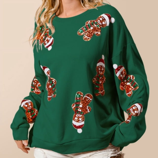 Sudadera con capucha y parches de purpurina, camiseta vintage con hombre de jengibre, ropa de calle de manga larga, ropa para mujer, camiseta navideña, top de otoño e invierno