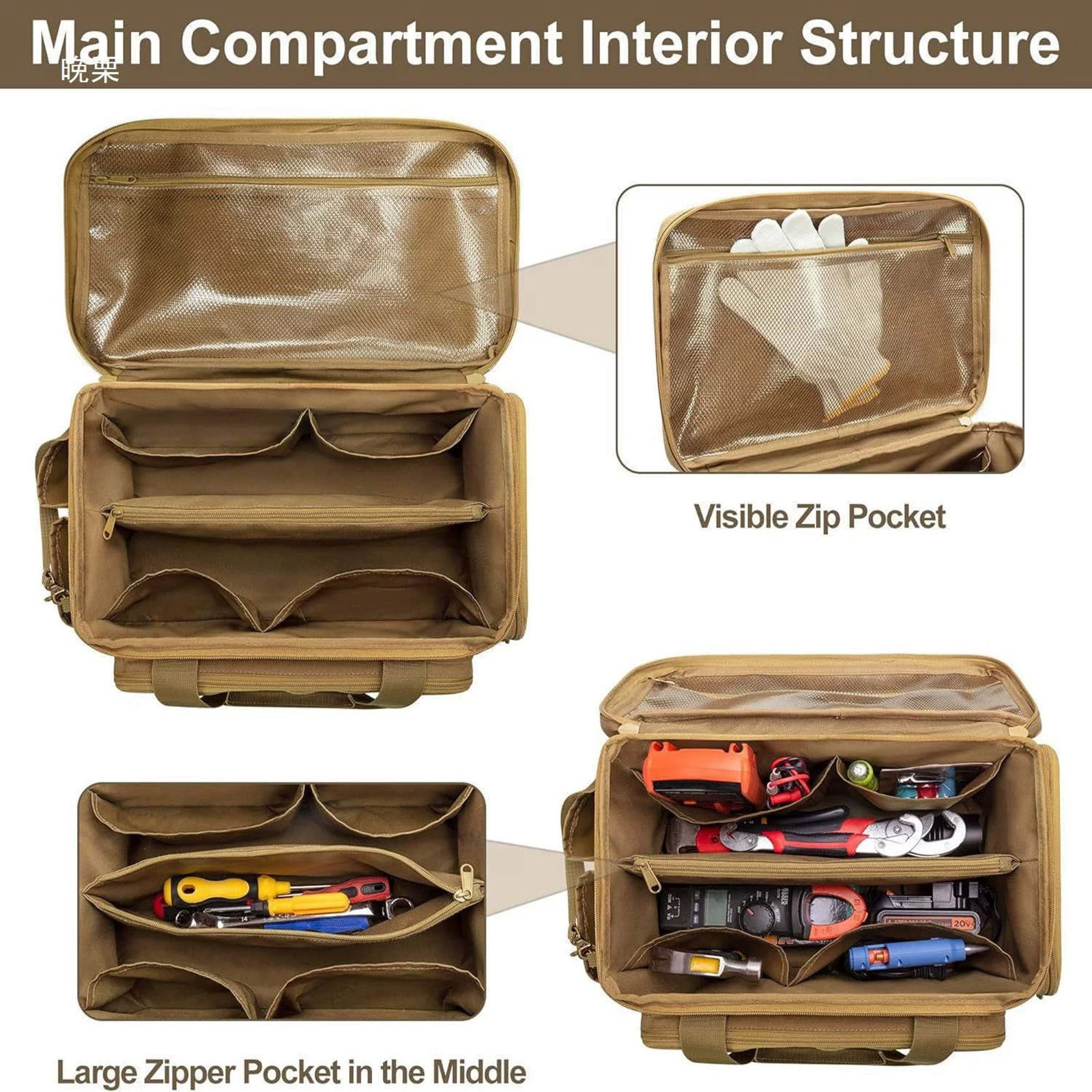 14 Inch Wide Mouth Tool Bag - Heavy Duty Tool Organizer with Adjustable Shoulder Strap & Ergonomic Handle - Large Capacity Utility Bag for Electricians, Plumbers, Mechanics & Contractors
