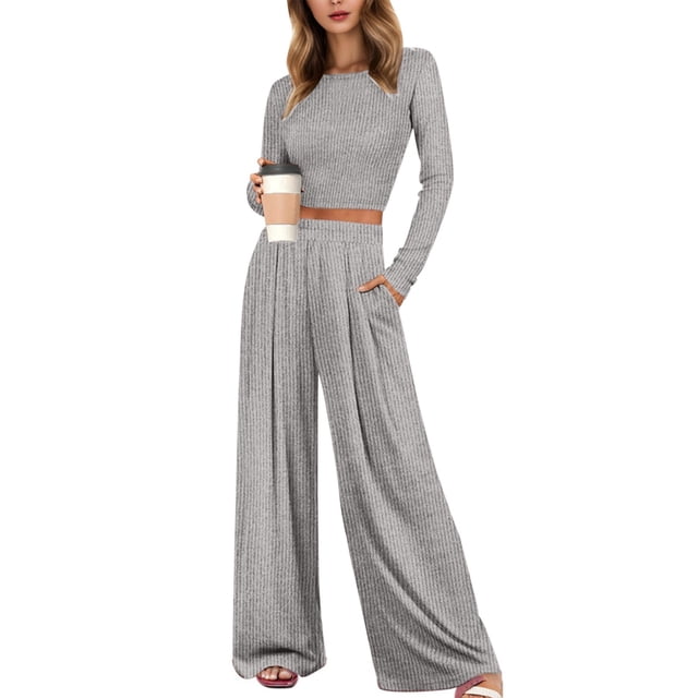 HNMKIU Pyjamas pour Femmes Deux Pièces Tenues pour Femmes Haut Court à Manches Longues Pantalon à Jambe Grand Ensembles Assortis Survêtements