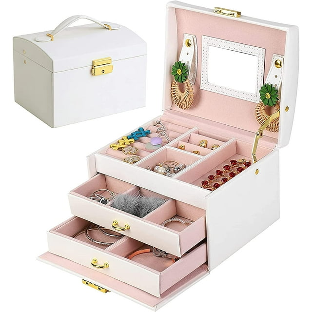 Joyero, joyero para mujer, joyero de piel sintética con 2 cajones, joyero con cerradura y espejo, caja de viaje portátil, forro de terciopelo