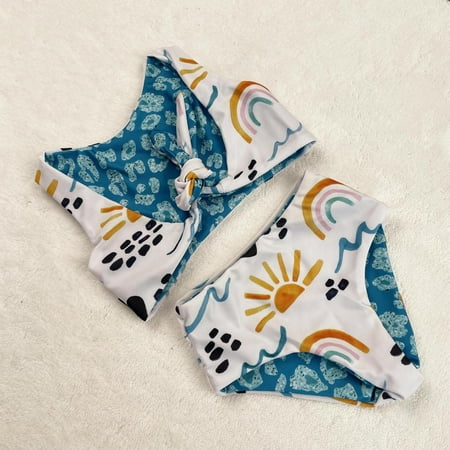 NAISIBABY Girls Bikini Top and Bottom Swimsuit  Bow Back Cute Prints 2-Piece Beach Bathing Swimwear Blue 3-4T