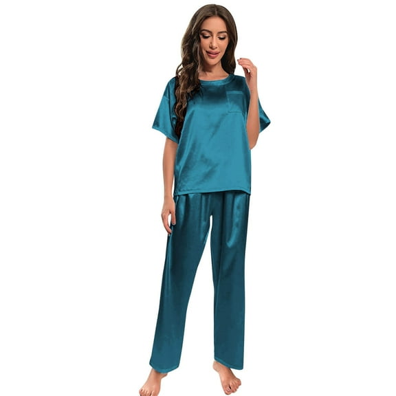 Christmas pajamas Christmas gift Womens Satin Silky Pajama Set Short Sleeve Shirt With Long Pajama Pant Set Soft PJ Loungewear